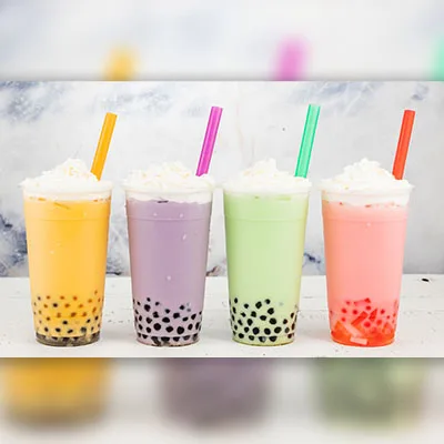 Four colorful boba smoothies from Pho 8 Restaurant